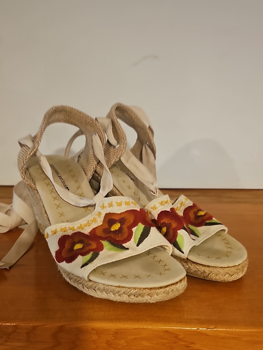 Montego Bay Club Floral Embroidered Espadrille Wedges Cream & Brown